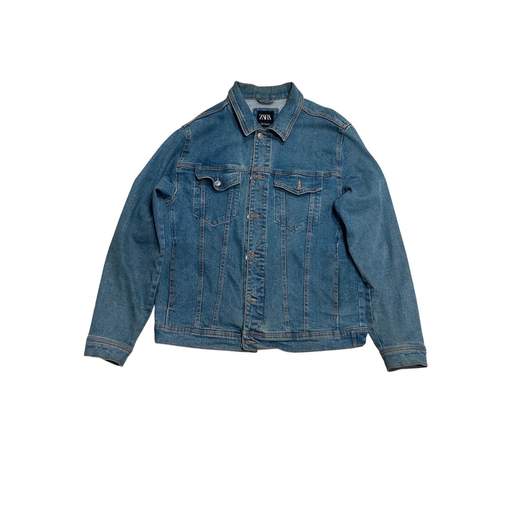 Zara Mens Denim Trucker Jacket Medium Wash Blue Jean Jacket Size XL